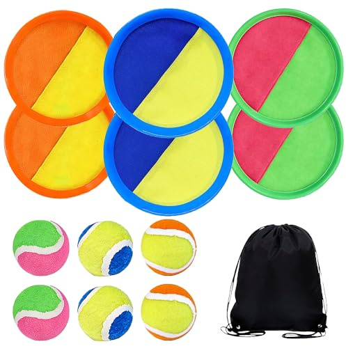 SKIKHN Toss and Catch Ball Set, Ball and Catch Game, Beach Ball Games for Kids of All Ages & Adults, Toss and Catch Ball Game with 6 Paddles 6 Balls and 1 Storage Bag, for Beach, Garden, Park Games