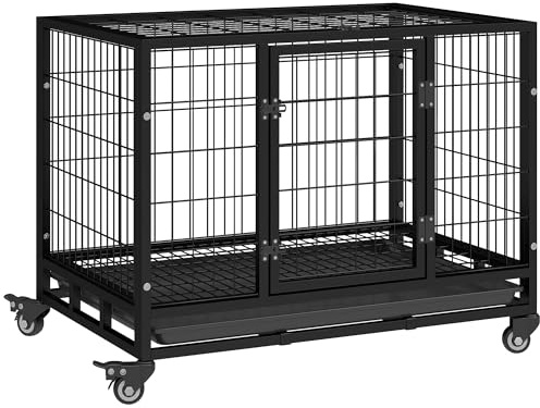 PawHut Jaula de Metal para Perros con Ruedas y Frenos Bandeja Extraíble y Puerta con Pestillo para Golden Retriver Labrador 92x62x75 cm Negro