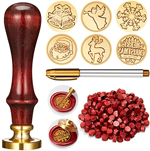 Juego de 208 Piezas Sellos de Cera de Navidad, Incluye 6 Cabezas de Latón con Sello de Cera con Mango de Madera, 200 Sellados de Lacre y Rotulador de Oro para Decoración Vacación