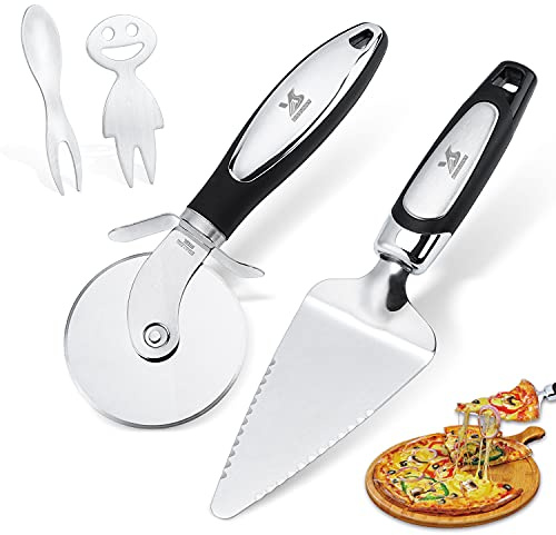 BIGSUNNY Pizzaskärare i rostfritt stål, hjul med gafflar, set med 4 delar, perfekt för pizza, pajer, våfflor och degkakor