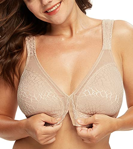 DotVol Women's Full Figure Front Closure Wirefree Jacquard Back Support Posture Bra(Beige,38D)