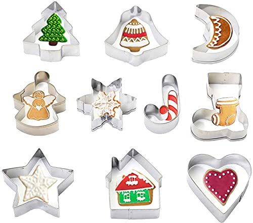 Small Christmas Cookie Cutters Set of 10 - Mini Christmas Xmas Biscuit Cutters Star Tree Angel Bell Stocking Heart & More Shapes Stainless Steel for Holiday Baking
