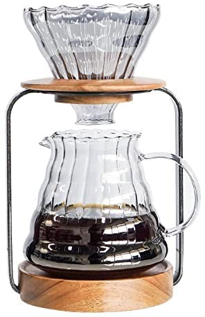 SOTECH Pour Over Coffee Station Dripper Stand Coffee Filter Wooden Filter Holder Glass Server with Paper Coffee Filters, Coffee Maker Stand Set for Coffee Tea and Saffron