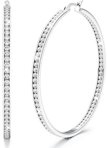 Adramata Creoles Acier Inoxydable Boucles D'oreilles Femme Créoles Zircon Cubique Creoles Argent Femme 60mm