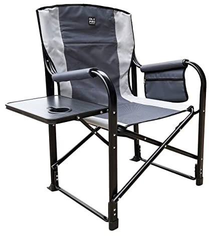 OLPRO Deluxe Directors Chair - Grau - Stabiler Klappstuhl für Camping oder Garten mit Tisch, Getränkehalter & Organizer-Tasche - Tragbare Sitzgelegenheit im Freien, unterstützt 120 kg