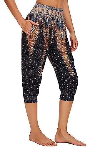 HAPYWER Haremshose Damen Kurz Yogahose 3/4 Lang Capri Sommerhose 3/4 Leicht Sporthose Strandhose Luftige Pumphose Aladinhose für Pilates Yoga S-2XL（Flower65,L