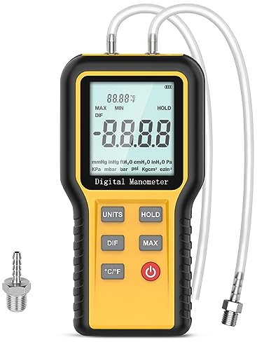 Digital Manometer HVAC, Gas Pressure Tester with ±0.3% FSO Resolution, Auto-off Differential Pressure Manometer Tester, Portable Air Pressure Gauge with LCD Backlight, 12 Optional Units