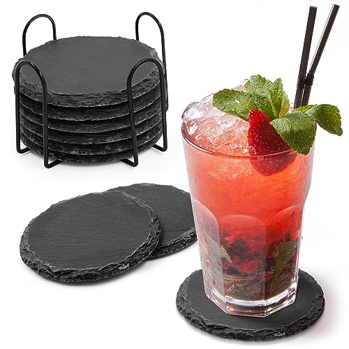 Joeji's Kitchen Slate Coaster Set of 8 - Premium Black Drinks Coasters with Stylish Holder, Durable and Absorbent, Perfect for Protecting Tables and Countertops…