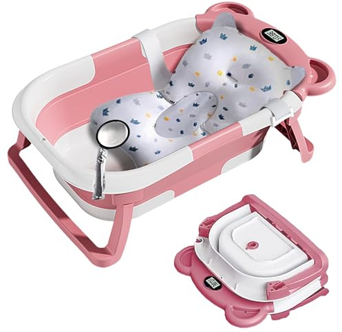 Grismire Foldable Infant Bathtub, Newborn to Toddler Portable Collapsible Travel Tub with Anti-Slip Mat, Drain Hole & Thermometer, Pink