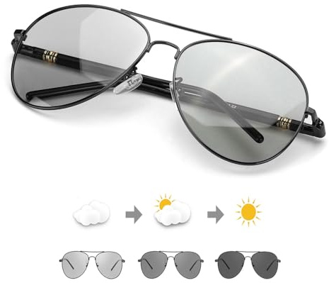 TJUTR Mens Photochromic Sunglasses Polarized for Driving Metal Frame with UVA UVB Protection