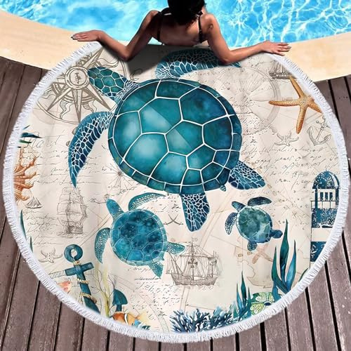 LXTOPN Toalla de playa redonda, toalla de microfibra para playa, toalla de baño, esterilla de yoga, manta de camping, manta de pícnic, toalla con borlas, 150 cm (tortuga azul 3)
