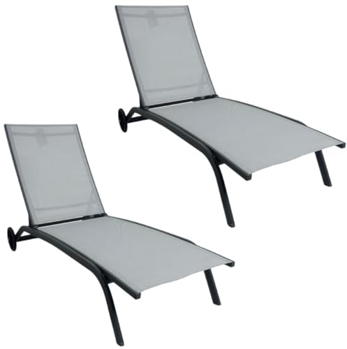 MOMMA HOME Pack 2 Tumbonas Jardin Exterior - Reclinable 4 Posiciones, Terraza y Piscina, Ruedas de Aluminio, Textilene Gris, Marbella, Color Gris Antracita, 193x61x30/94 cm