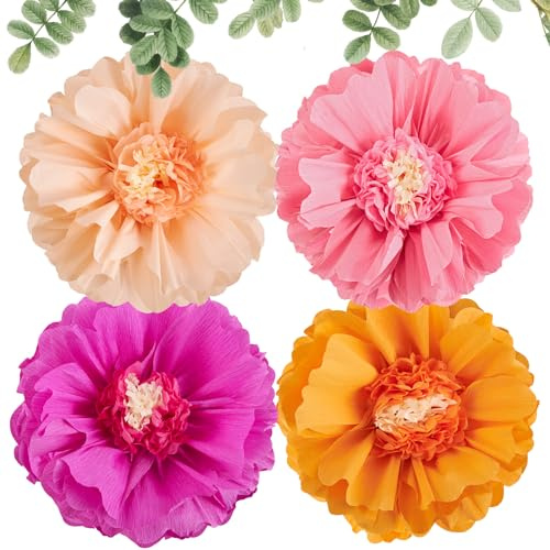 SUNBEAUTY Lot de 4 fleurs géantes en papier rose vif et orange de 50,8 cm pour décoration de fête - Décorations de printemps - Pompons en papier de soie pour fête d'anniversaire
