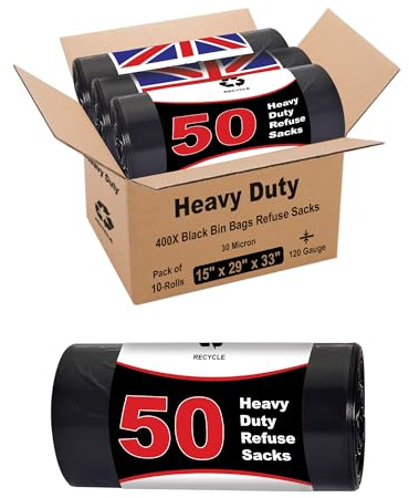 JeeJaan® 1 Roll of 50 Black Bin Bags - 50L Capacity Bin Bags Heavy Duty - Rubbish Bags Wastage Liners Trash Bags for Kitchen Office Diy Refuse Sacks Garden Bags Made from 100% Recycled Material