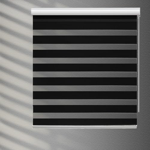 YIIBAII Day and Night Roller Blinds Zebra Blinds Blackout or Translucent Vision Roller Shades for Windows and Doors（W 45cm x L 150cm,Black）