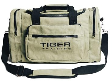 Tiger Training Gym Sport Duffle Bag, 40L, Thick Canvas, Olive Green, Multiple Pockets, YKK Zips, Shoulder Strap