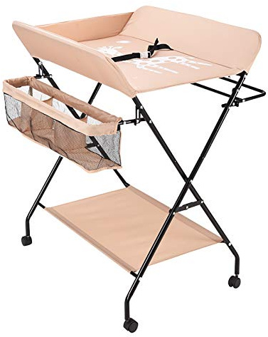 Donened - Wickeltisch, Mobil Wickelkommode, Faltbar Tragbare Wickelstation, mit Sicherheitsgurt und Aufbewahrungsfächern, für Babys bis zu 12 Monaten, Wickeltisch Badewanne mit Rollen, Khaki