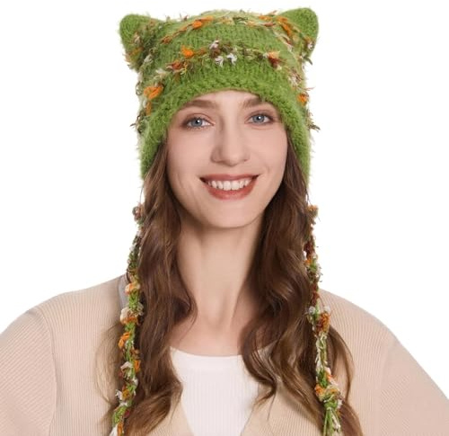 ZLYC kvinnor virkad hatt stickad katt öra slapp mössa söt vintage grunge luddig hatt, Pom Pom Randig Grön, one size
