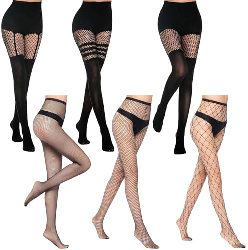 iuiiaii 6 Pairs Black Fishnet Tights Womens Set, Fish Net Tights For Women Sexy Cross Mesh Fishnet Stockings High Waisted Different Mesh Fishnets Fashionable Pantyhose Gifts For Ladies
