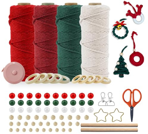 Juego de hilo de macramé para Navidad, 3 unidades, 3 mm, 50 m, hilo de macramé rojo, verde y blanco con 82 accesorios, juego creativo para manualidades de Navidad, juego creativo para macramé, para