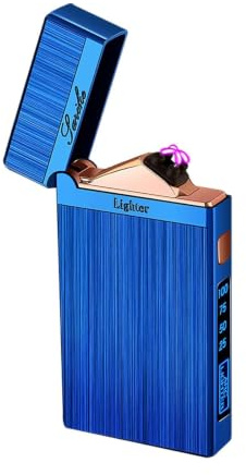 SKRFIRE Briquet tempête avec double arc lumineux, bruit de clic, indicateur de niveau de charge, lampe de poche LED et boîtier métallique tiré pour barbecue en plein air, briquets électriques (Bleu)