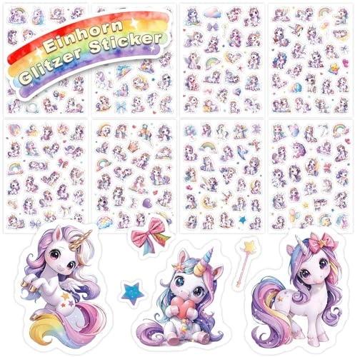 Einhorn Glitzer Sticker für Kinder, 8PCS Glitzereffekt Über 200 Motiv Einhorn Aufkleber, Wasserdicht Glitzersticker, Scrapbooking, Fotoalbum, Geschenke