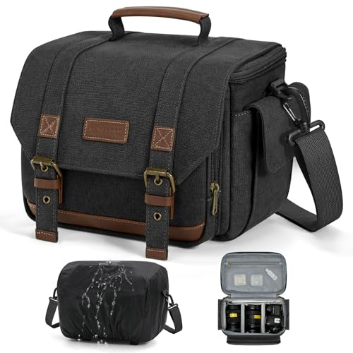 RAINSMORE Borsa Vintage per Fotocamera DSLR/Mirrorless, Impermeabile, Bandoliera con Imbottitura 10 mm, Copertura Antipioggia e Supporto Treppiede, Borsa Fotografica Professionale
