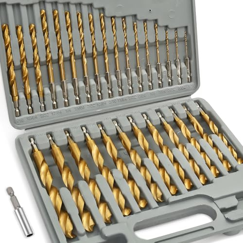 COMOWARE Titanium Impact Drill Bit Set 30Pcs Hex Shank HSS, 1/16-1/2