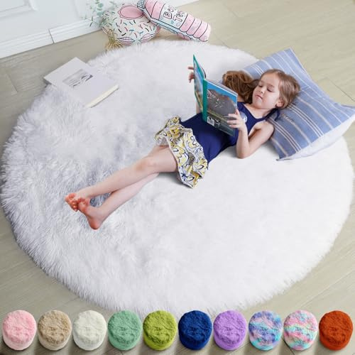 Amdrebio Tapis Rond à Poils Longs pour Chambre d'enfant, Salle de Jeux, décoration d'intérieur, Salon, Chambre d'enfant, dortoir, Salle de Classe, Blanc, 1,5 m