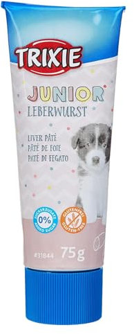 Trixie JUNIOR Leberwurst für Hundewelpen | 75 g | Schmackhafter Snack für junge Hunde | Mit reduziertem Salz- und Gewürzgehalt | Mit Grünlippmuschel und Seealgenmehl