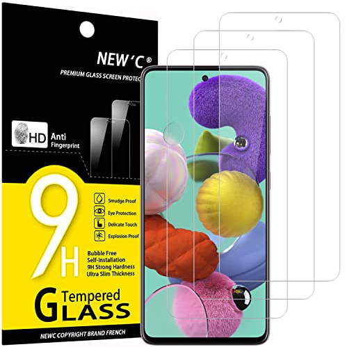 NEW'C 3 Piezas, Protector Pantalla para Samsung Galaxy A51, Cristal templado Antiarañazos, Antihuellas, Sin Burbujas, Dureza 9H, 0.33 mm Ultra Transparente, Ultra Resistente