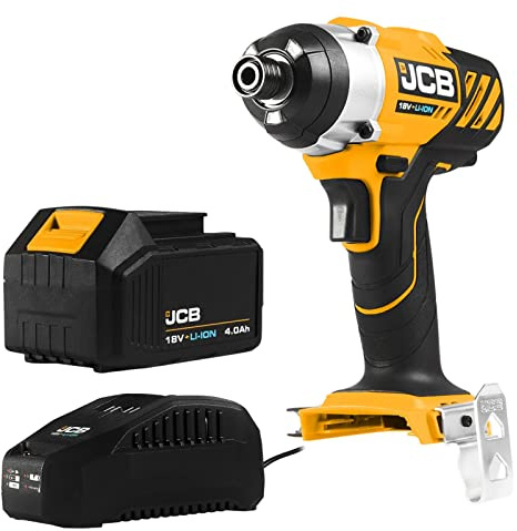 JCB 18V Cordless Impact Driver - Includes Impact Driver 1 x 4.0Ah 18V Battery + 2.4A Fast Battery Charger - Drill with Light LED - Drill Tool Set - Impact Driver Kit - DIY