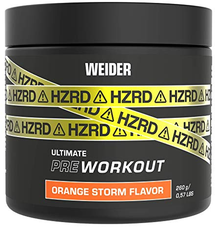 Weider HZRD Pre Workout Booster, Energy Drink Pulver hochdosiert mit L-Citrullin, L-Arginin, 200 mg Koffein & hochkonzentrierten Pflanzenextrakten, Premium Trainingsbooster, Orange, 260 g