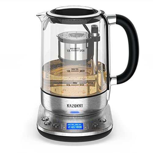 Razorri Elektrischer Teezubereiter - 1,7 L, automatisch anhebender Teekorb BPA Free, 5 Teesorten und 3 Brühstärken, Warmhalten bis zu 60 Minuten, programmierbare Zeit für Teezubereitung, mit Edelstahl