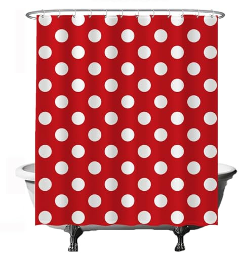 Ulticool Duschvorhang Polka Dot 180x200 cm, waschbar, Anti-Schimmel, mit 12 Ringen, Rot Weiß