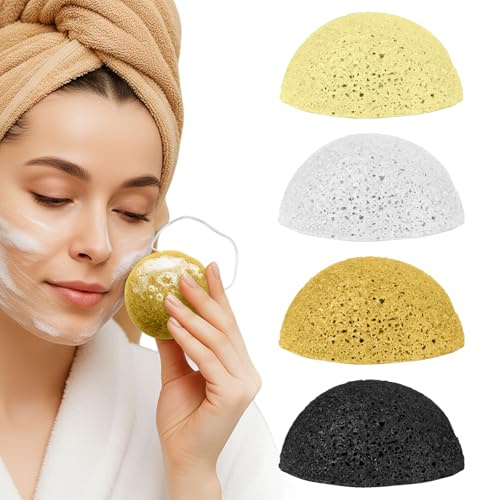Spugna Konjac per il viso, scrubber viso per una delicata pulizia ed esfoliazione del viso con Turme-RIC, lavanda, aloe Ve-ra e carbone attivo, 4 pezzi