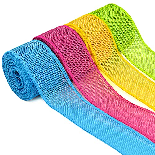 RUSPEPA Set Di Nastri In Juta Pasquale - Nastro In Juta Verde/Rosa/Blu/Giallo, 38 mm Di Larghezza X 4 Colori In Totale Nastro In Tessuto Da 20 Iarde Per Decorazioni Per Feste, Artigianato Fai-Da-Te