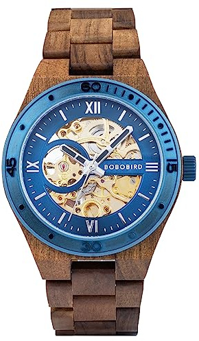 BOBO BIRD Mens Wood Watches Skeleton Mechanical Wooden Watch Lightweight Luxury Wristwatches with Natural Wood Band of Limited Edition Collection for Men (blue1)