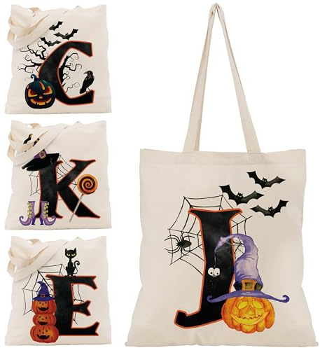 Halloween Initial Tote Bags Gifts for Girl Boy - 15x16 Personalised Trick or Treat Bag Pumpkin Party Canvas Shoulder Bag C1 (Initial #J)