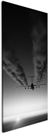 Avión de transporte volador panorámico, 60 x 30 cm, efecto: negro/blanco como lienzo, diseño enmarcado sobre marco de madera auténtica, impresión digital de alta calidad con marco