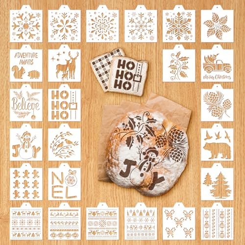 Whaline 25Pcs Christmas Bread Stencils Assorted Xmas Baking Airbrush Painting Stencils with Bead Chain Biscuit Cake Baking Templates for Winter Party DIY Craft, 6.7 x 5.9 Inch