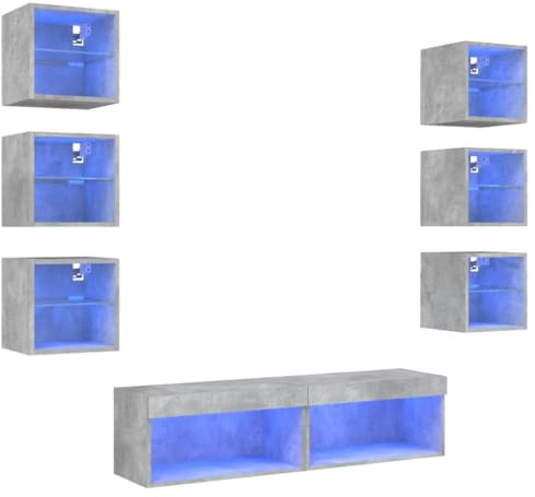 vidaXL Unités Murales TV avec LED 8 pcs, Armoires de Télévision Suspendues, Meubles Télé de Salon, Moderne, Gris Béton Bois d'Ingénierie