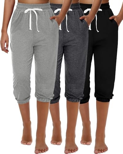 Ficerd Ensemble de 3 Pantalons de Survêtement Capri pour Femme Pantalon de Tapered Jogging Court et Décontracté pour L'été Taille Haute avec Poches