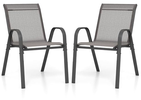 GOPLUS 2er Set Gartenstühle stapelbar, Bistrostuhl Balkonstuhl aus Textilene bis 150kg, Stapelstuhl mit Rückenlehne und Armlehn, Essstuhl Outdoor für Garten Terrassen Balkon Pool (Grau)