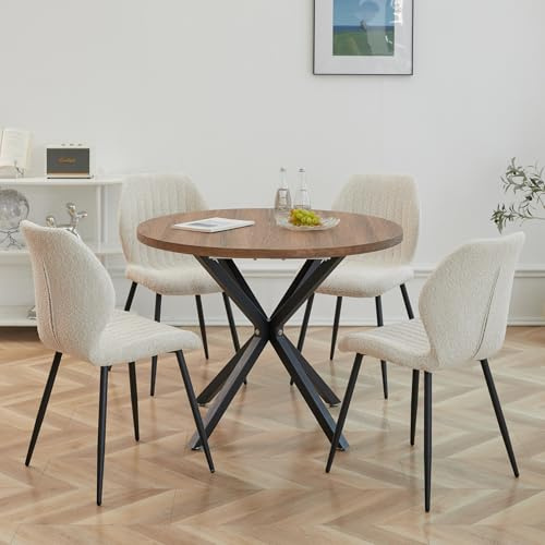DEYARNA HOME Matsal set runt bord 100 cm och 4 stolar, matbord och stolar för matsal, kök och vardagsrum (mörkt trä + kaki)