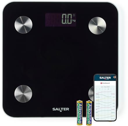 Salter Bilancia intelligente – capacità 180 kg, 17 metriche corporee, app Salter Health, grasso/acqua corporea, massa muscolare/ossea, BMI e BMR, 8 memorie utente, display retroilluminato, SA00655FEU6