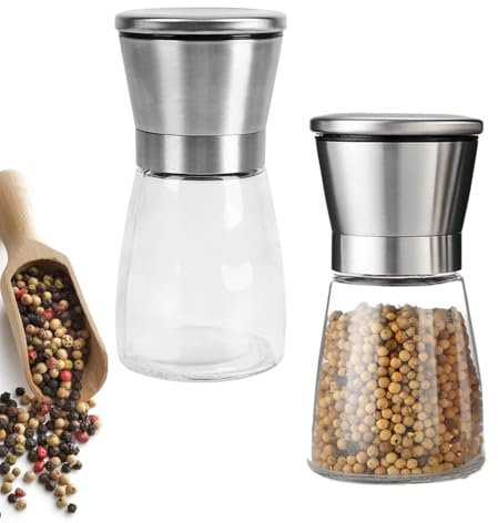 Salz und Pfeffermühlem, Edelstahl Gewürzmühle 2er Set, Salzmühlen zum Nachfüllen, Verstellbarem Keramikmahlwerk, für Gewürze, Pfeffer, Salz und Chili, Silber