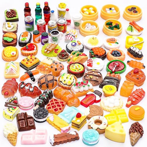Juego de 60 mini comida, comida en miniatura, juguetes de cocina, mini comida, 45 piezas de comida al azar y 15 botellas de agua lindas, juego de comida para hacer usted mismo, juguete de cocina,