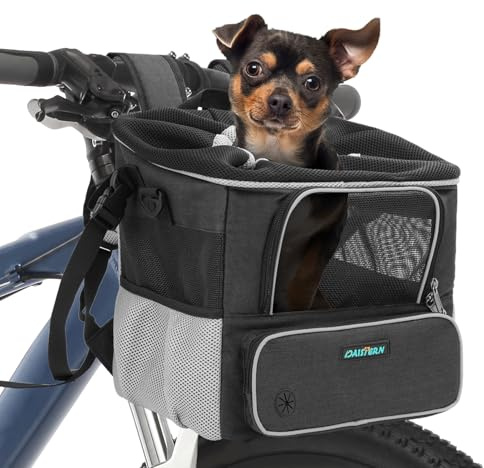 DAISTERN Hundekorb Fahrrad Vorne bis 3KG, Hundefahrradkorb mit Montagehalter Φ53mm, Rucksack Schultertasche Autositz mit Atmungsaktives Netzfenster, wasserdichtes Sitzkissen für kleine Hunde