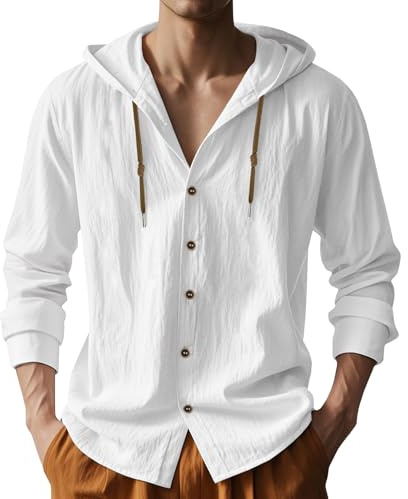 Men Cotton Linen Long Sleeve Button Down Shirt Summer Casual Hawaiian Beach Tops Lightweight Fashion Hoodies White